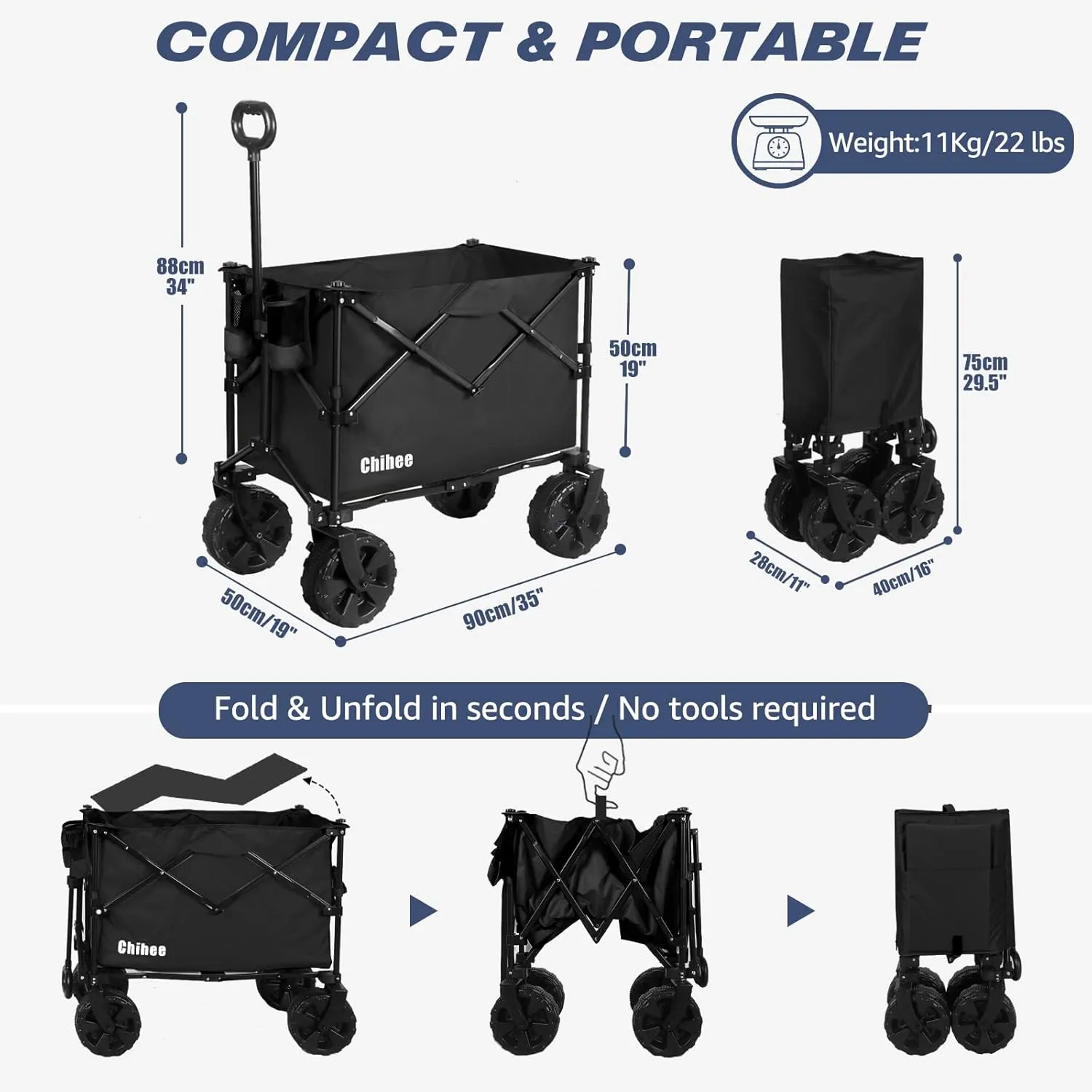 Chihee Folding Beach Wagon Cart Garden Cart Heavy-Duty with 2 Cup Holders,Camp Cart for All-Terrain Wheels with Braking System Large Capacity Removable Fabric,for Sporting Events,Camping,Beach Trips
