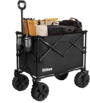 Chihee Folding Beach Wagon Cart Garden Cart Heavy-Duty with 2 Cup Holders,Camp Cart for All-Terrain Wheels with Braking System Large Capacity Removable Fabric,for Sporting Events,Camping,Beach Trips