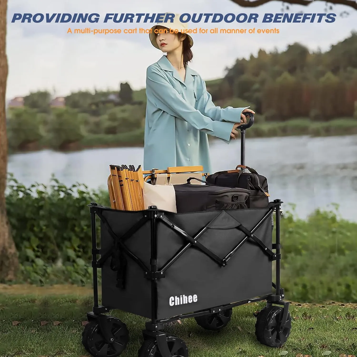 Chihee Folding Beach Wagon Cart Garden Cart Heavy-Duty with 2 Cup Holders,Camp Cart for All-Terrain Wheels with Braking System Large Capacity Removable Fabric,for Sporting Events,Camping,Beach Trips