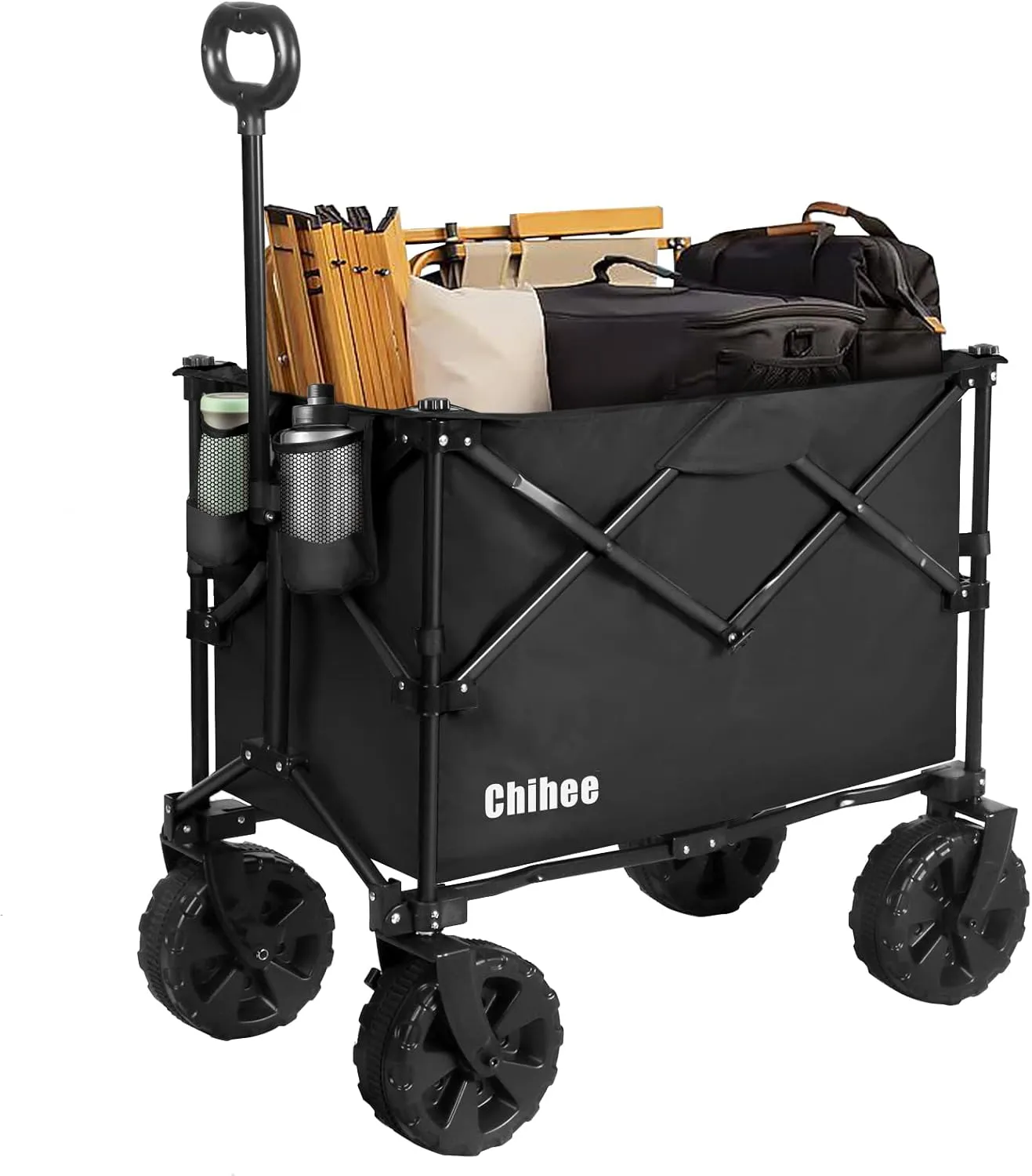 Chihee Folding Beach Wagon Cart Garden Cart Heavy-Duty with 2 Cup Holders,Camp Cart for All-Terrain Wheels with Braking System Large Capacity Removable Fabric,for Sporting Events,Camping,Beach Trips