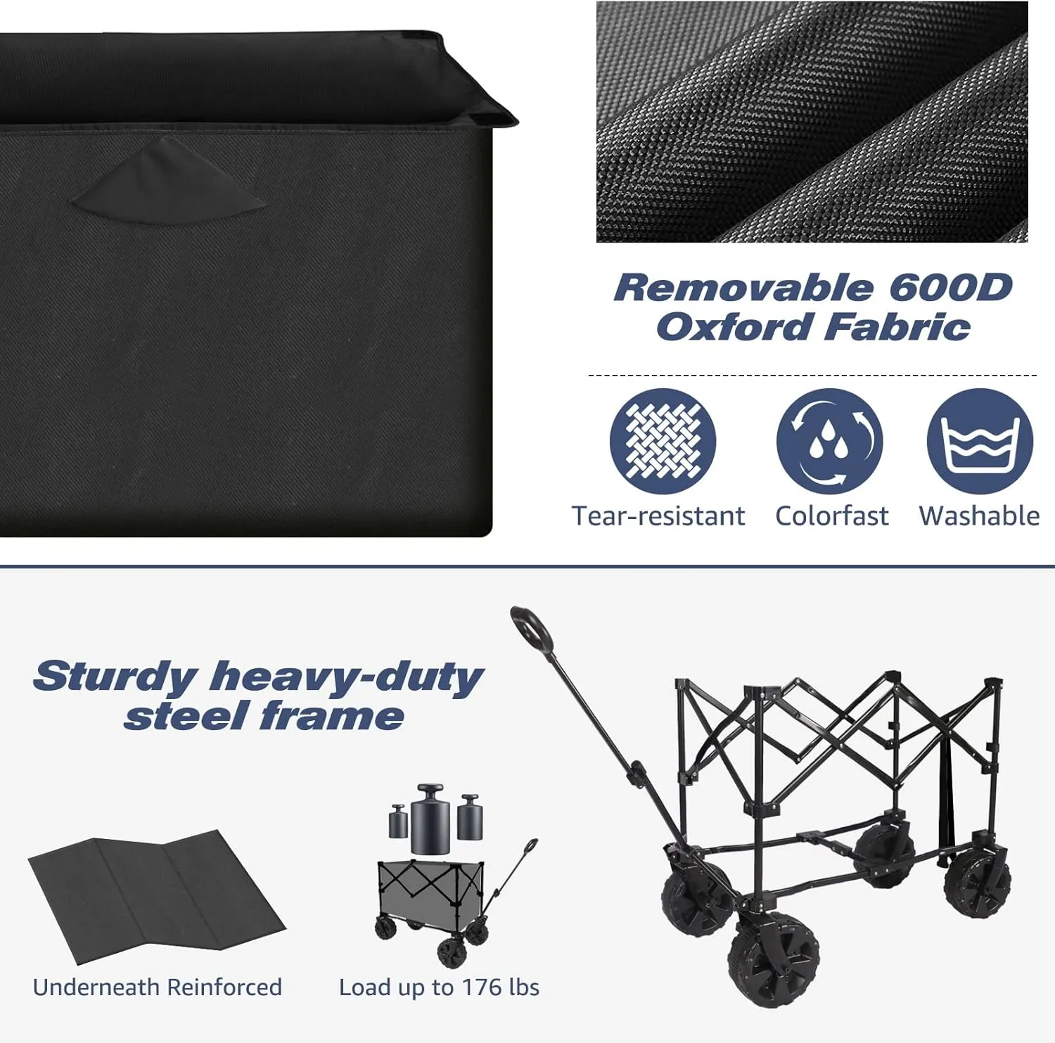 Chihee Folding Beach Wagon Cart Garden Cart Heavy-Duty with 2 Cup Holders,Camp Cart for All-Terrain Wheels with Braking System Large Capacity Removable Fabric,for Sporting Events,Camping,Beach Trips