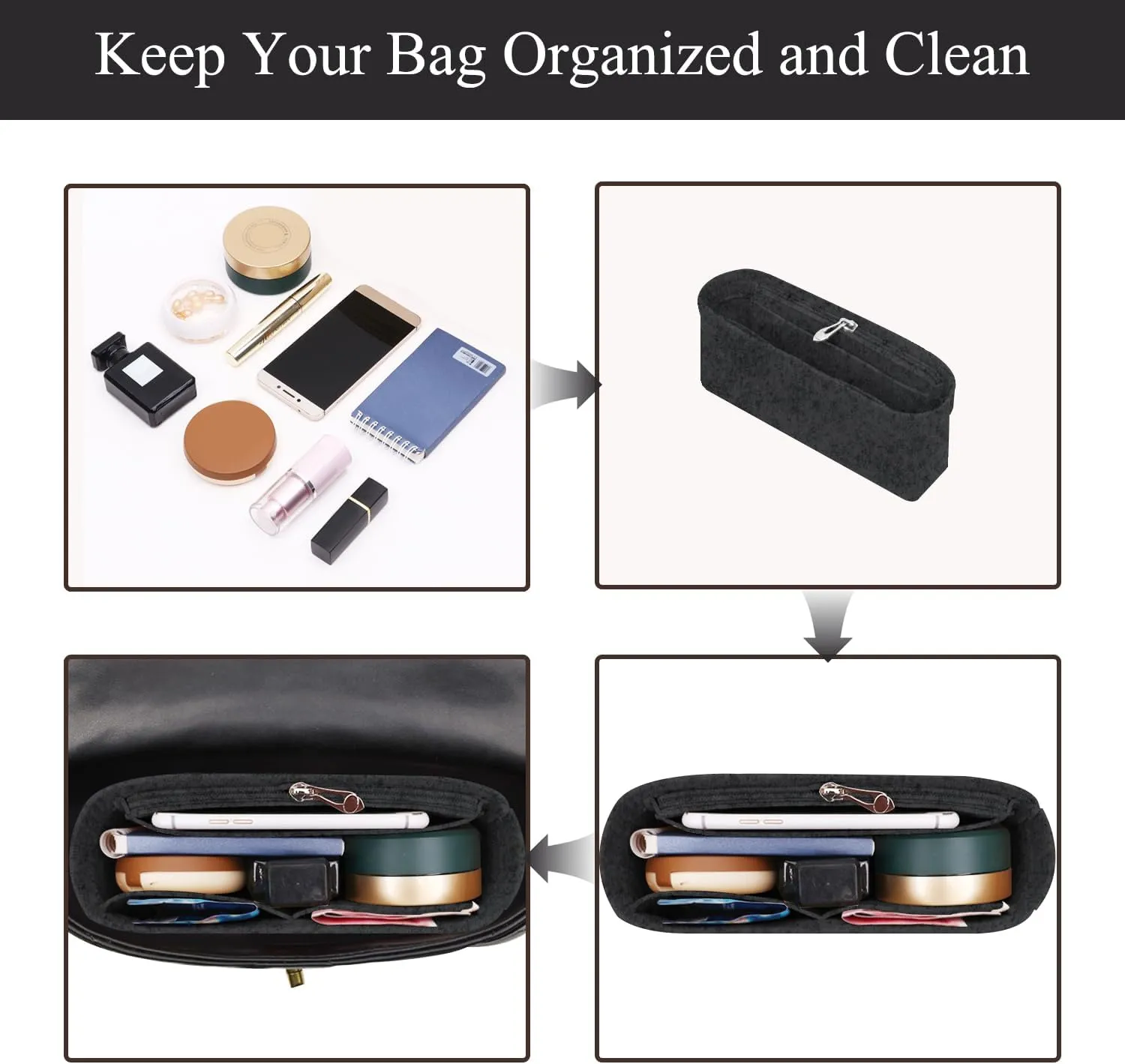 Chispee Felt Purse Organizer Insert for Longchamp Mini Bag & GG Marmont Matelasse Multi-Pocket Handbag Organizer with Inner Liner, Storage Compartments (Dark Grey)