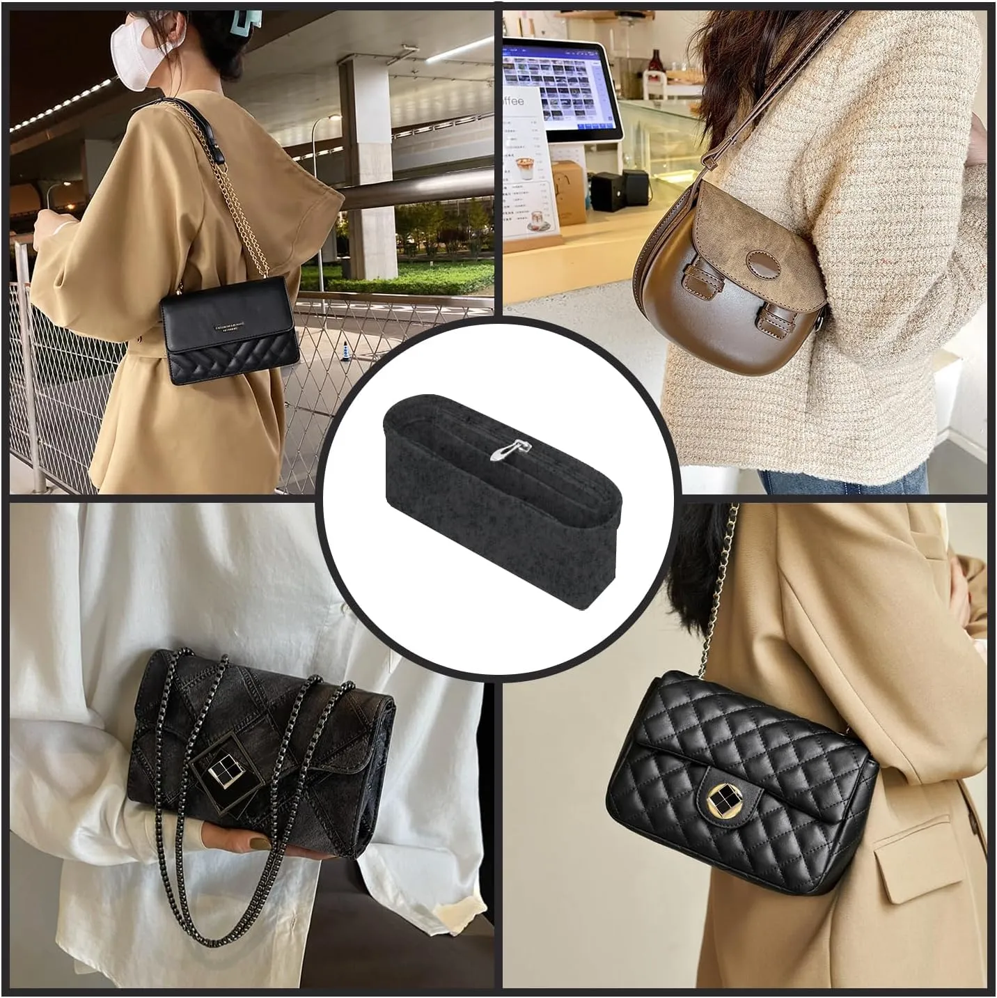 Chispee Felt Purse Organizer Insert for Longchamp Mini Bag & GG Marmont Matelasse Multi-Pocket Handbag Organizer with Inner Liner, Storage Compartments (Dark Grey)