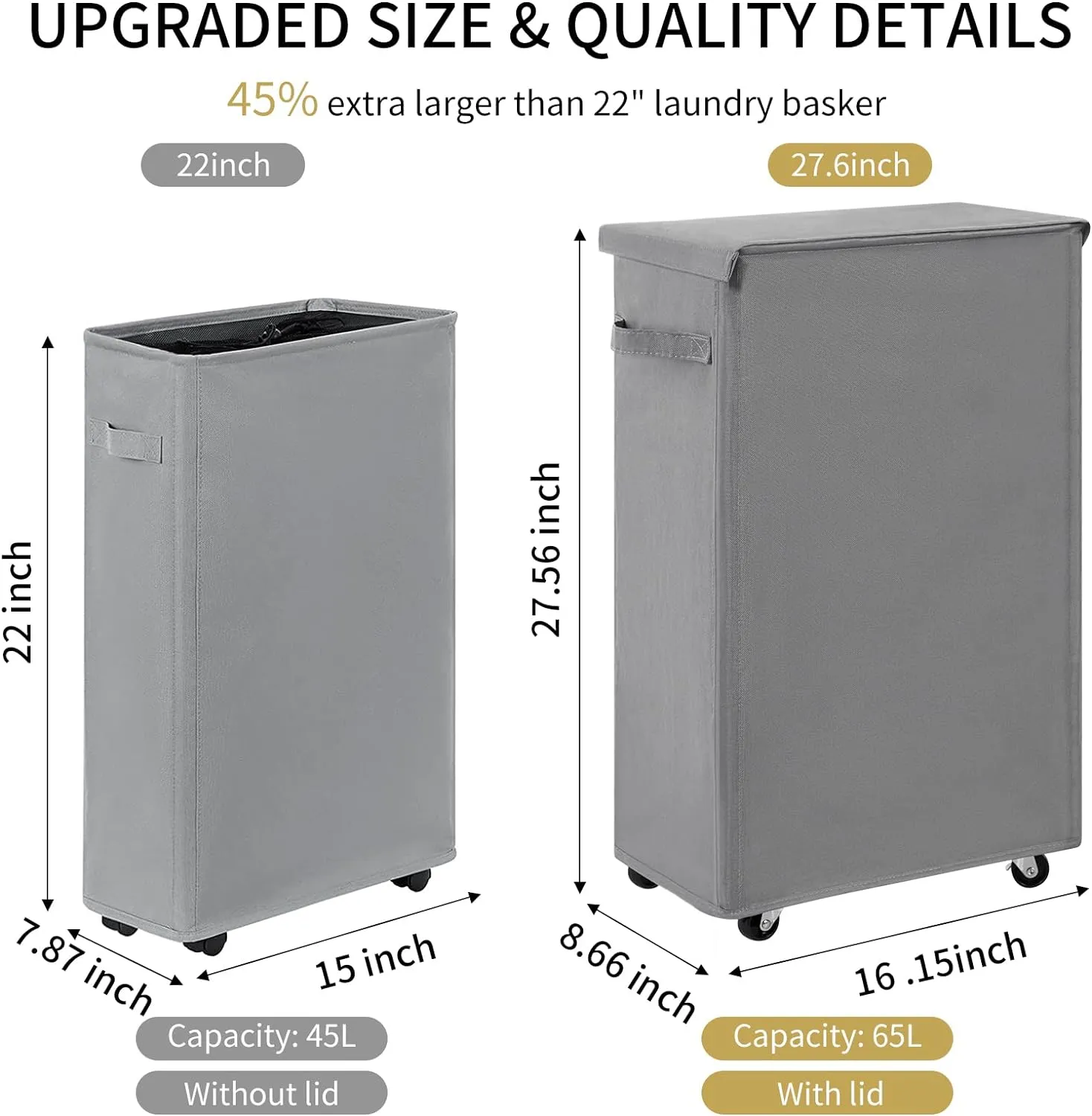 Chrislley 65L Slim Laundry Hamper with Lid Narrow Rolling Laundry Basket with Wheels Upgrade Foldable Dirty Clothes Hamper Portable Skinny Hamper Storage Bins (27.56 inches, Grey)