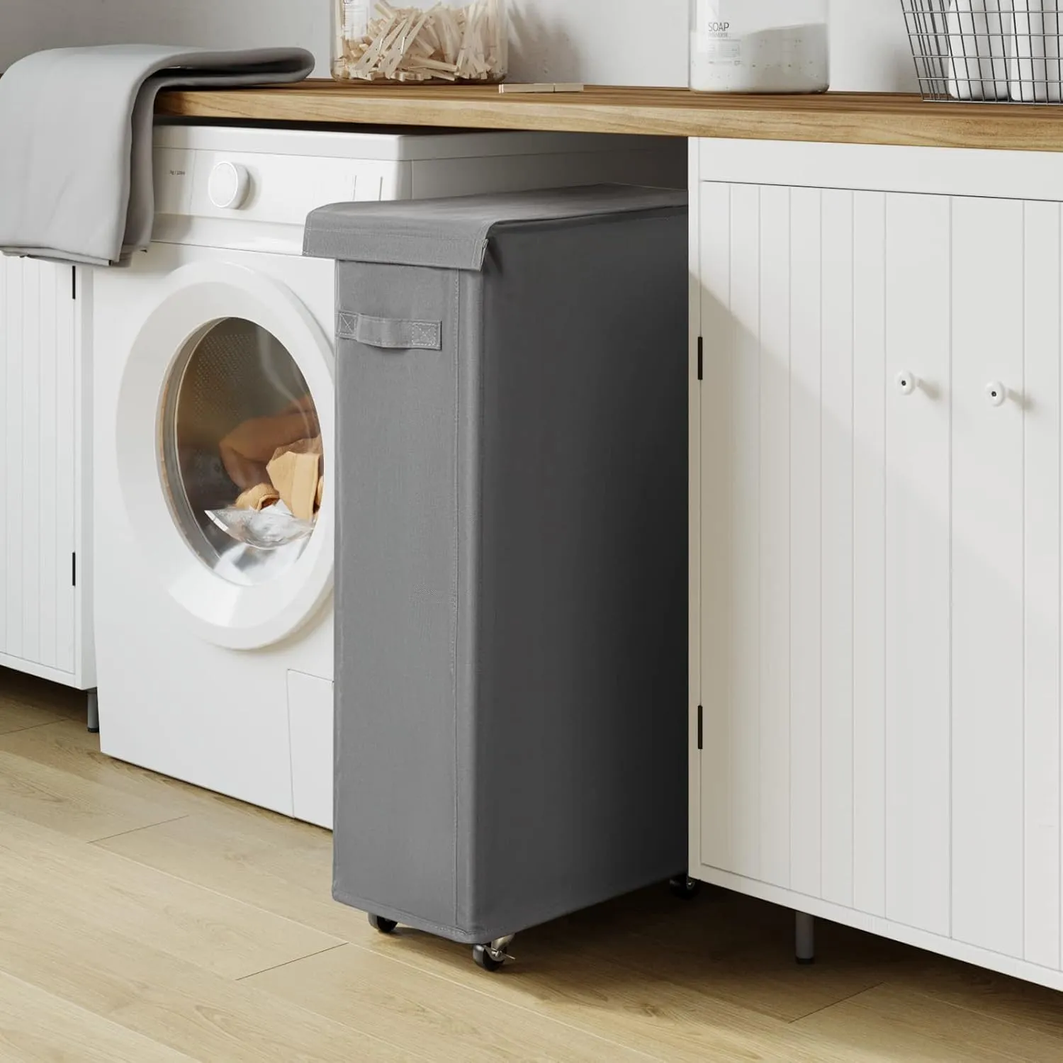 Chrislley 65L Slim Laundry Hamper with Lid Narrow Rolling Laundry Basket with Wheels Upgrade Foldable Dirty Clothes Hamper Portable Skinny Hamper Storage Bins (27.56 inches, Grey)