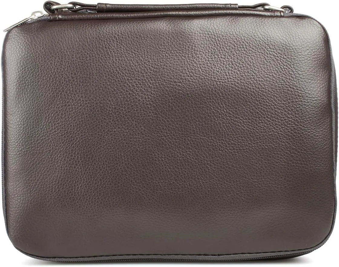 Christian Art Gifts Brown Faux Leather Bible Cover for Men and Women | Ichthus Jesus Fish Emblem Zippered Two-Fold Organizer Case for Bible or Book w/Handle Large