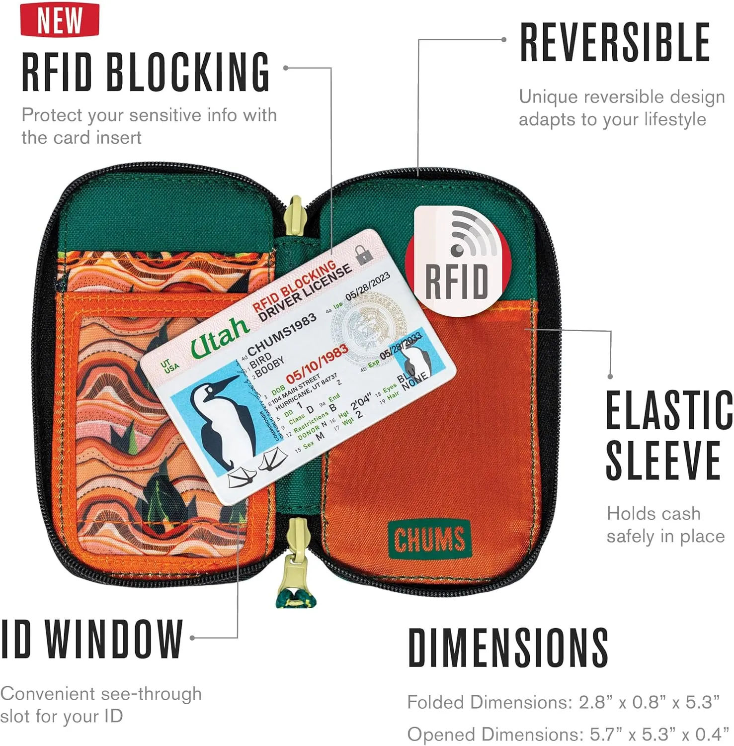 Chums Reversi Polyester Wallet – Reversible Zippered Pouch for Men and Women (Tree Waves)