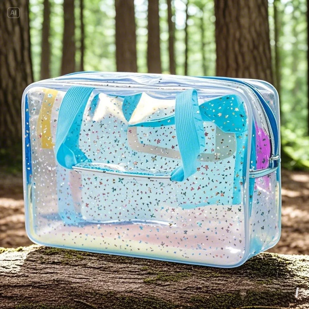 Clear PVC Star Large Cosmetic Bag, Transparent Large Zippered Opening Makeup Bag, Portable Waterproof Travel Bag with Handle, Gym, Swimming and Beach Bag (06Light Blue)