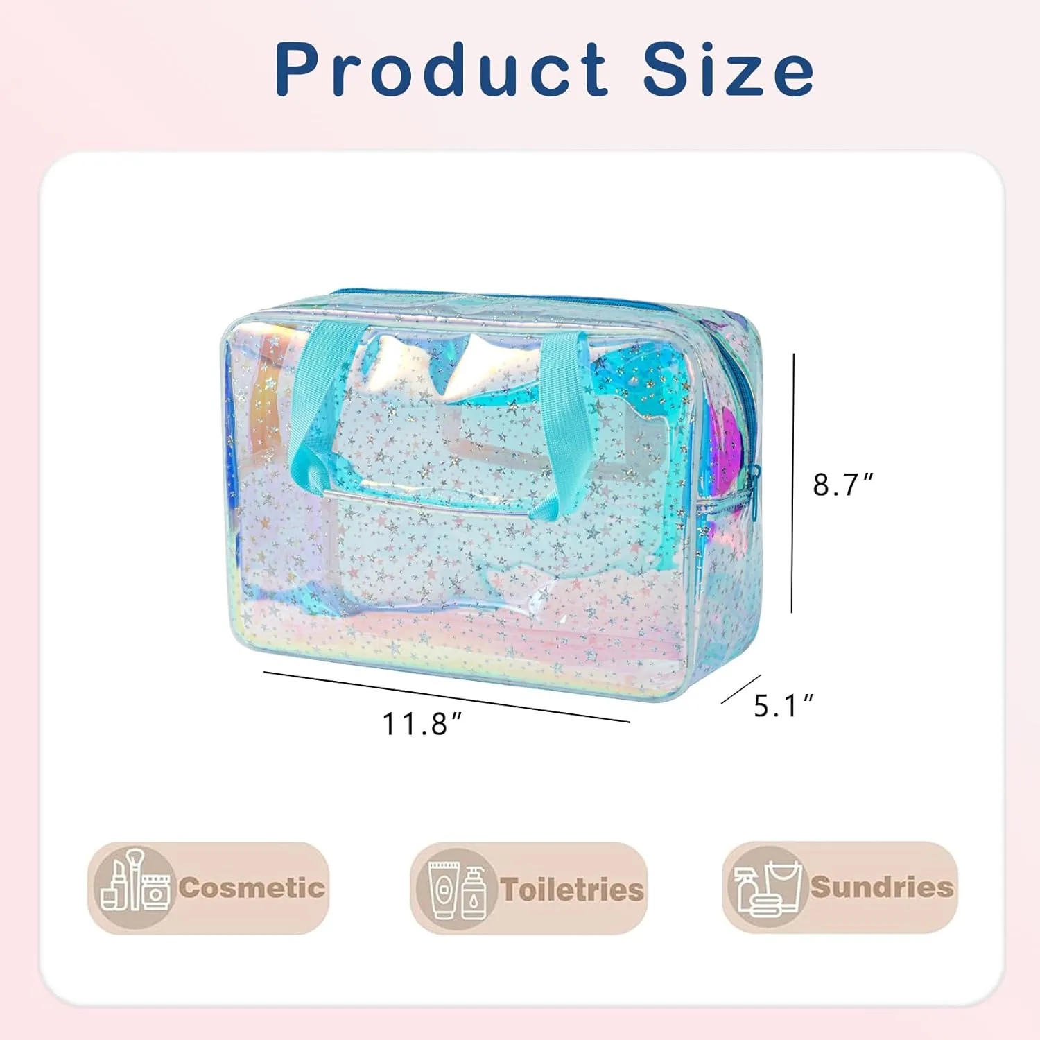 Clear PVC Star Large Cosmetic Bag, Transparent Large Zippered Opening Makeup Bag, Portable Waterproof Travel Bag with Handle, Gym, Swimming and Beach Bag (06Light Blue)
