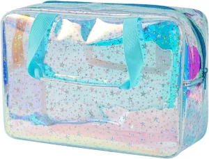 Clear PVC Star Large Cosmetic Bag, Transparent Large Zippered Opening Makeup Bag, Portable Waterproof Travel Bag with Handle, Gym, Swimming and Beach Bag (06Light Blue)