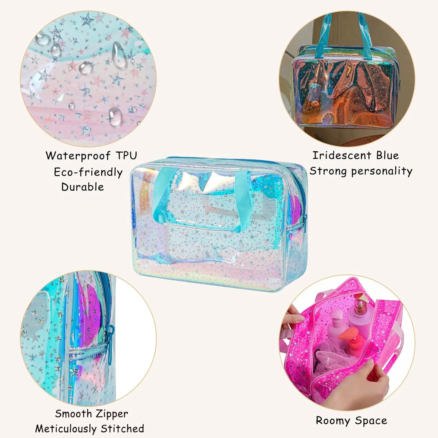 Clear PVC Star Large Cosmetic Bag, Transparent Large Zippered Opening Makeup Bag, Portable Waterproof Travel Bag with Handle, Gym, Swimming and Beach Bag (06Light Blue)