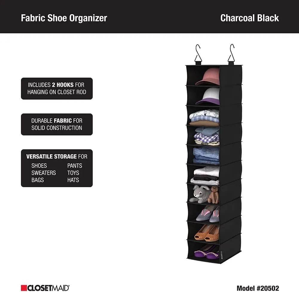 ClosetMaid 20502 10-Shelf Fabric Hanging Closet Organizer for Shoes, Hats, Handbags, Clothes with Charcoal Black Finish