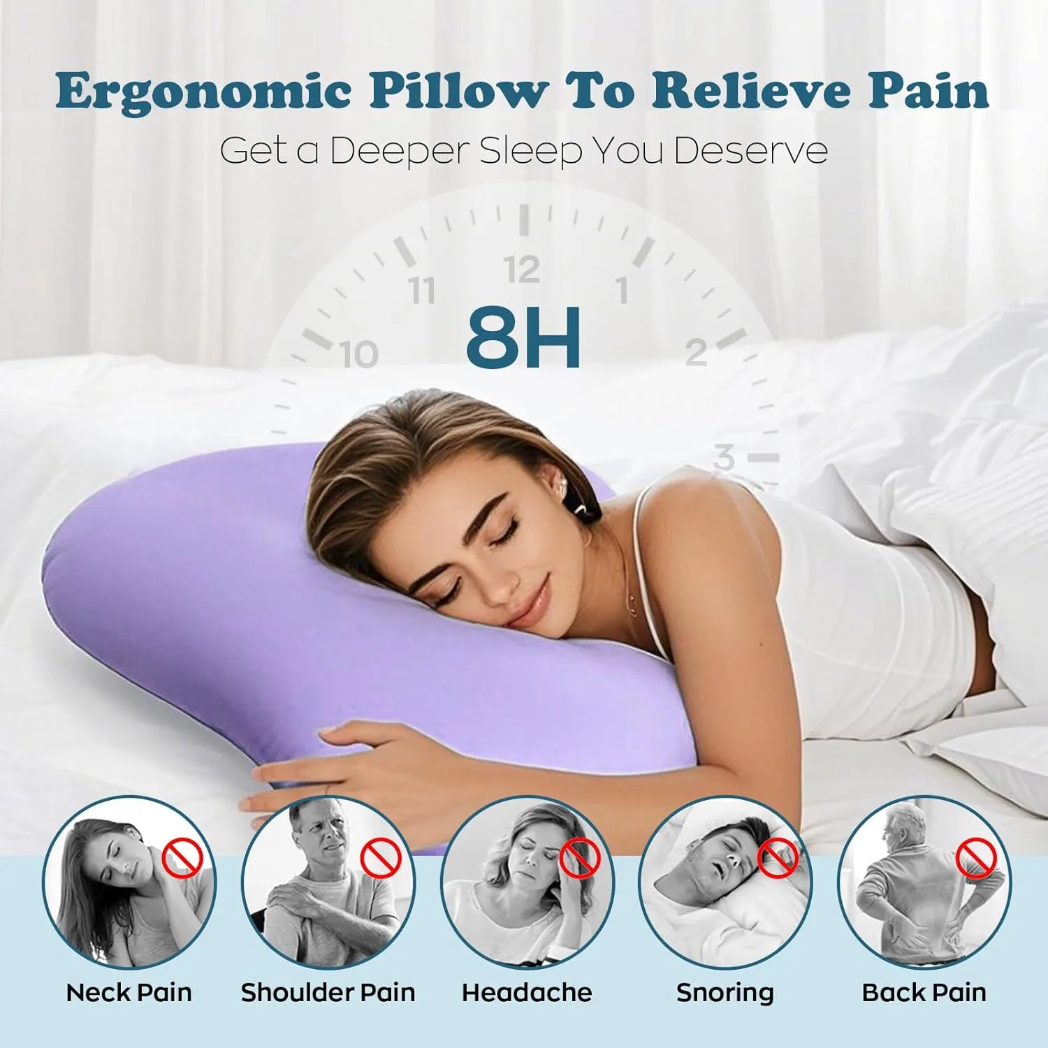 Cloud Contour Memory Foam Pillow Ergonomic Design for Sleeping Comfortably and Reducing Snoring Neck and Cervical Pillow with Cooling Pillowcase Purple