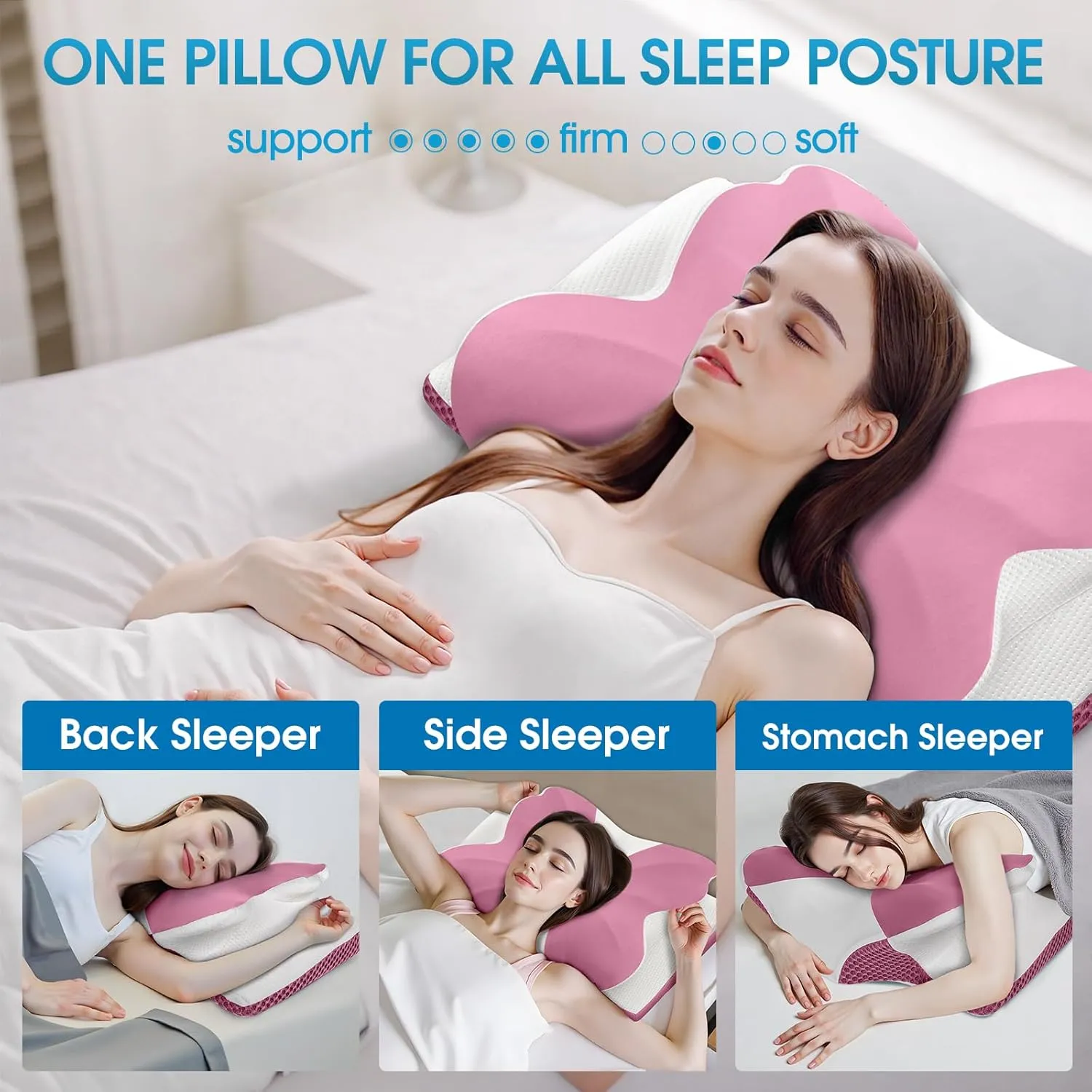 CloudBliss Cervical Memory Foam Pillow for Neck and Shoulder, Contour Neck Support Pillow with Cooling Case, Ergonomic Bed Pillow, Support for Side Back Stomach Sleepers (Pink, Queen Size)