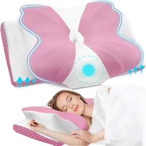CloudBliss Cervical Memory Foam Pillow for Neck and Shoulder, Contour Neck Support Pillow with Cooling Case, Ergonomic Bed Pillow, Support for Side Back Stomach Sleepers (Pink, Queen Size)
