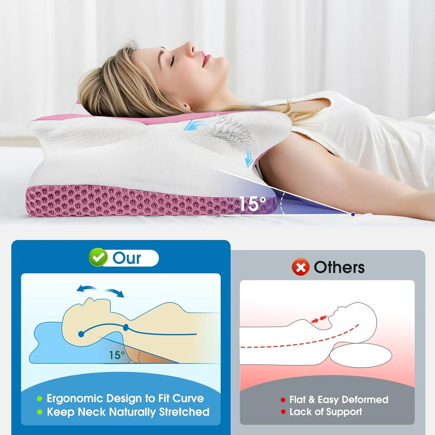 CloudBliss Cervical Memory Foam Pillow for Neck and Shoulder, Contour Neck Support Pillow with Cooling Case, Ergonomic Bed Pillow, Support for Side Back Stomach Sleepers (Pink, Queen Size)