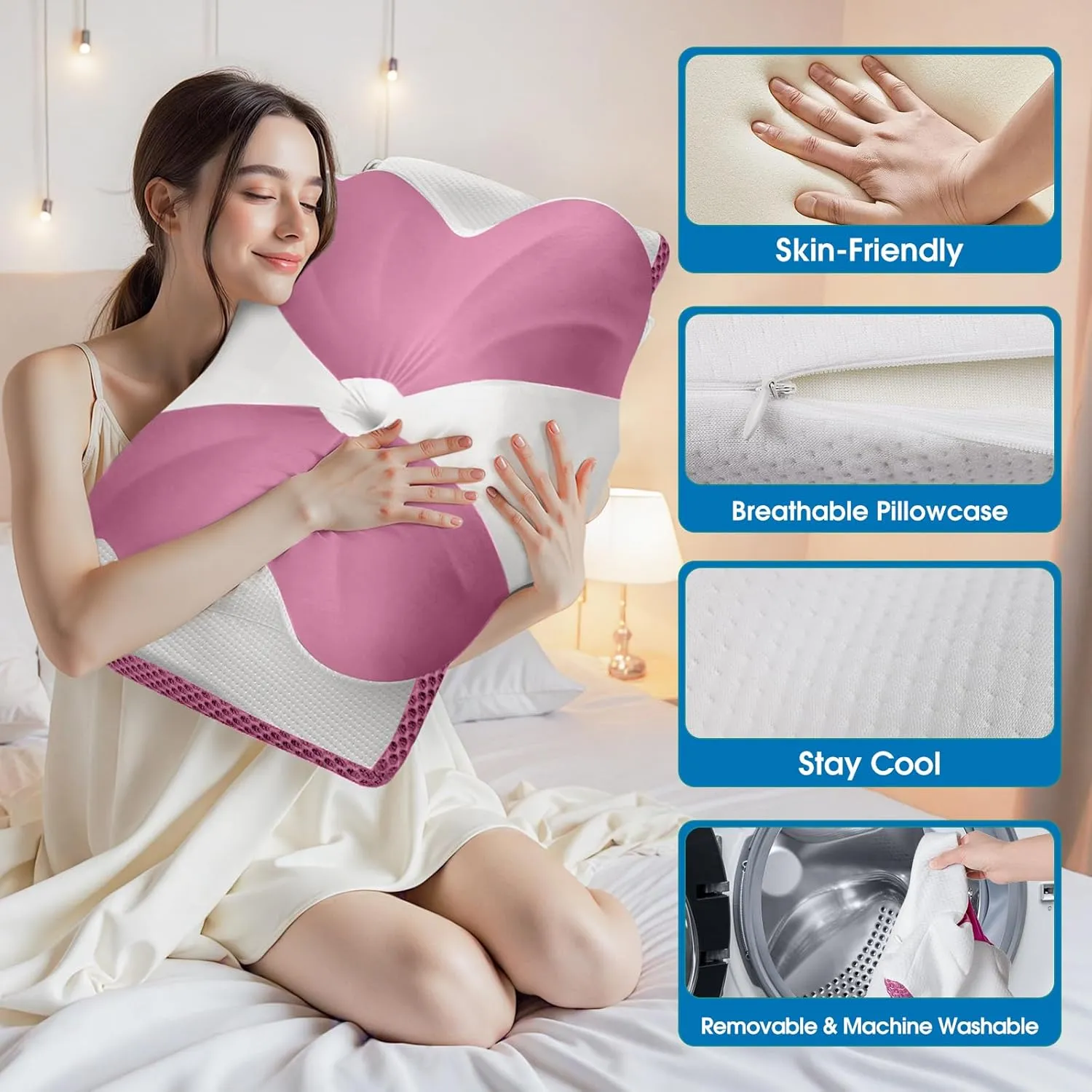 CloudBliss Cervical Memory Foam Pillow for Neck and Shoulder, Contour Neck Support Pillow with Cooling Case, Ergonomic Bed Pillow, Support for Side Back Stomach Sleepers (Pink, Queen Size)