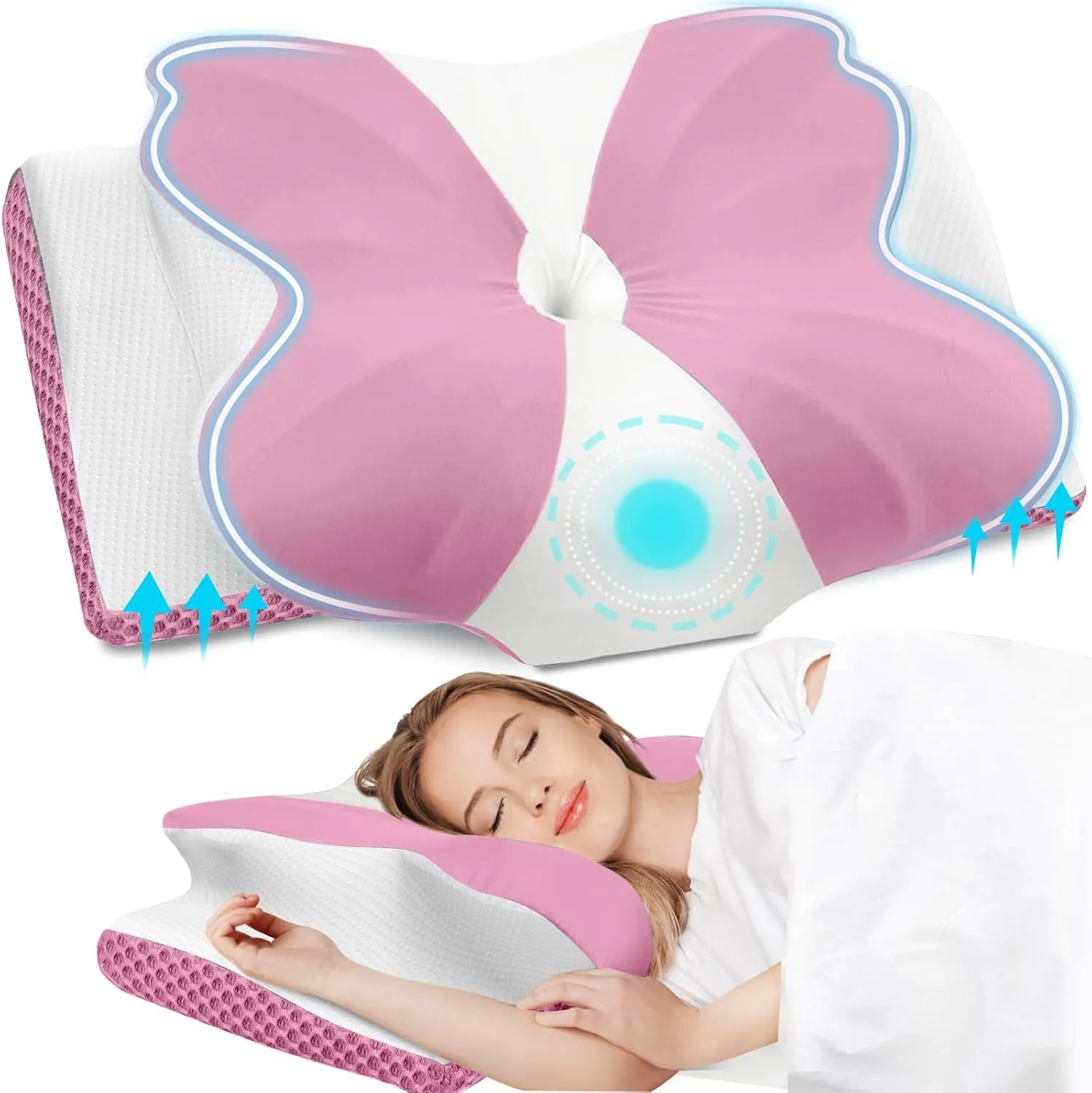 CloudBliss Cervical Memory Foam Pillow for Neck and Shoulder, Contour Neck Support Pillow with Cooling Case, Ergonomic Bed Pillow, Support for Side Back Stomach Sleepers (Pink, Queen Size)