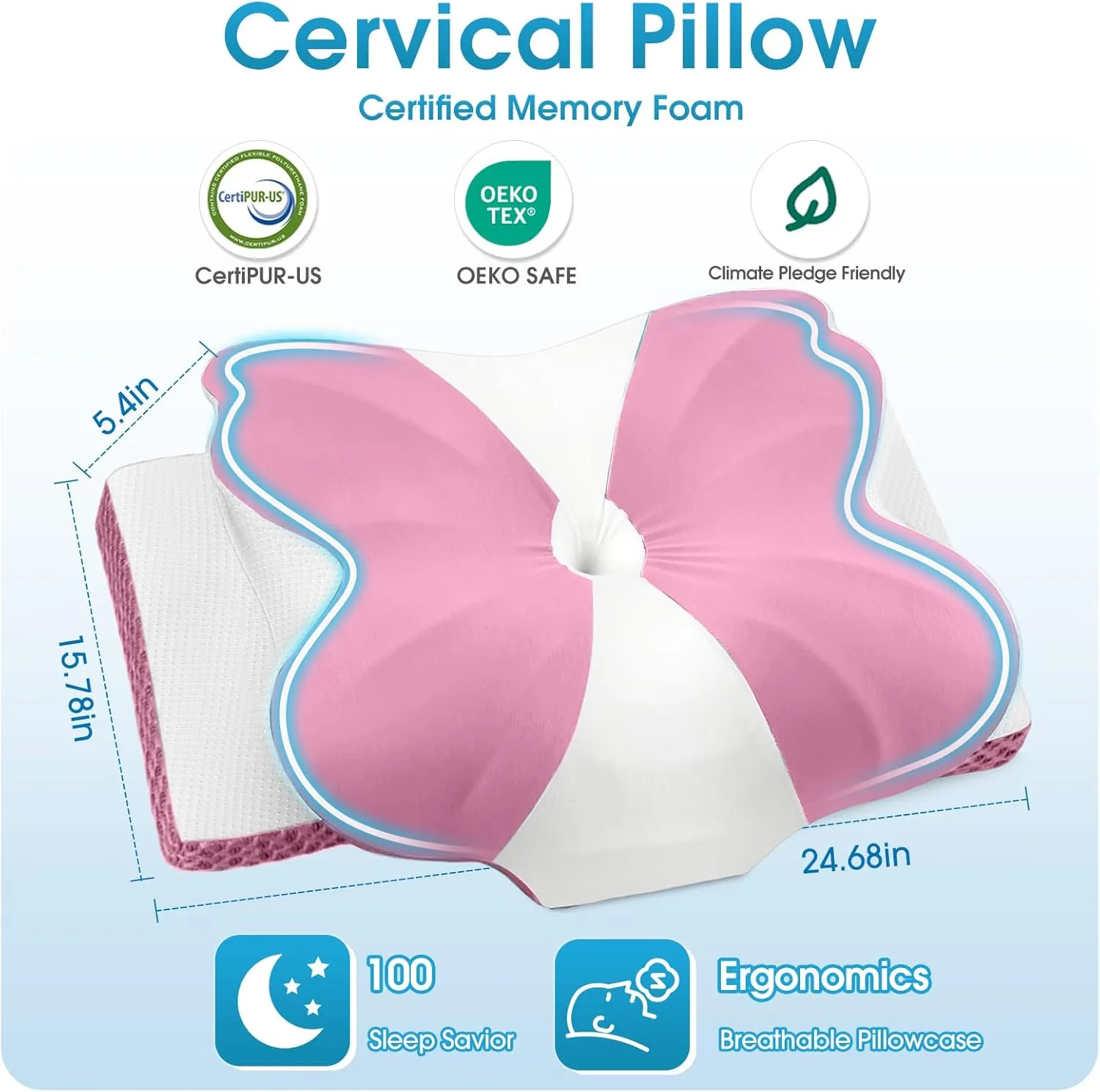 CloudBliss Cervical Memory Foam Pillow for Neck and Shoulder, Contour Neck Support Pillow with Cooling Case, Ergonomic Bed Pillow, Support for Side Back Stomach Sleepers (Pink, Queen Size)