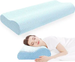 CloudBliss Memory Foam Pillow, Ergonomic Neck Contour Cervical Pillow for Neck and Shoulder Pain, Orthopedic Pillow for Neck Pain Relief, for Sleeping Side, Back, Stomach Sleepers - Blue, King