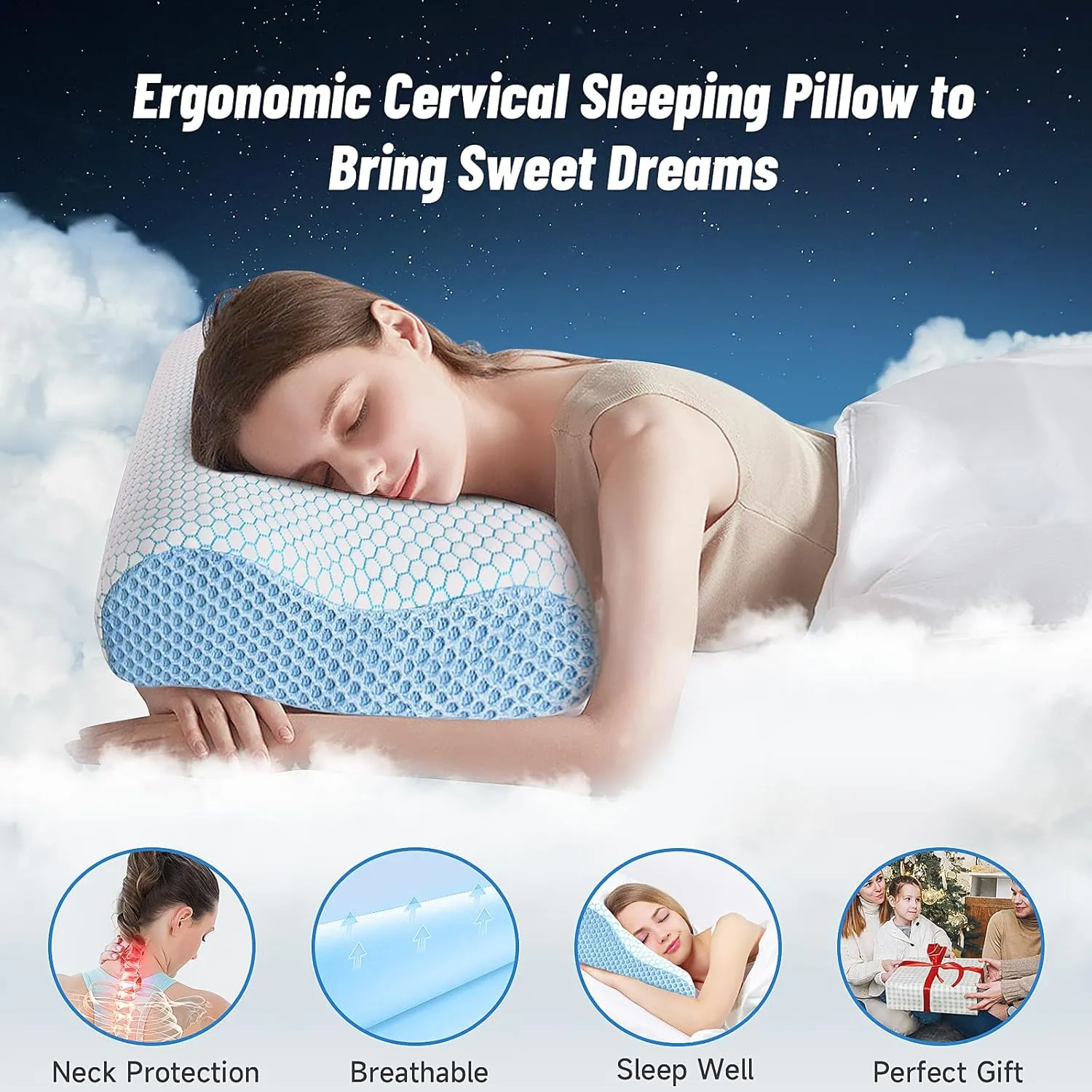 CloudBliss Memory Foam Pillow, Ergonomic Neck Contour Cervical Pillow for Neck and Shoulder Pain, Orthopedic Pillow for Neck Pain Relief, for Sleeping Side, Back, Stomach Sleepers - Blue, King