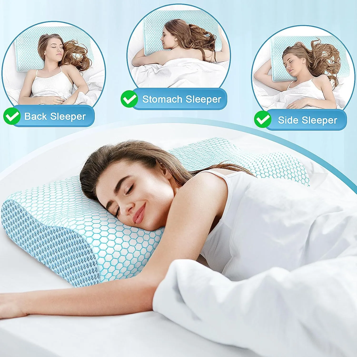 CloudBliss Memory Foam Pillow, Ergonomic Neck Contour Cervical Pillow for Neck and Shoulder Pain, Orthopedic Pillow for Neck Pain Relief, for Sleeping Side, Back, Stomach Sleepers - Blue, King