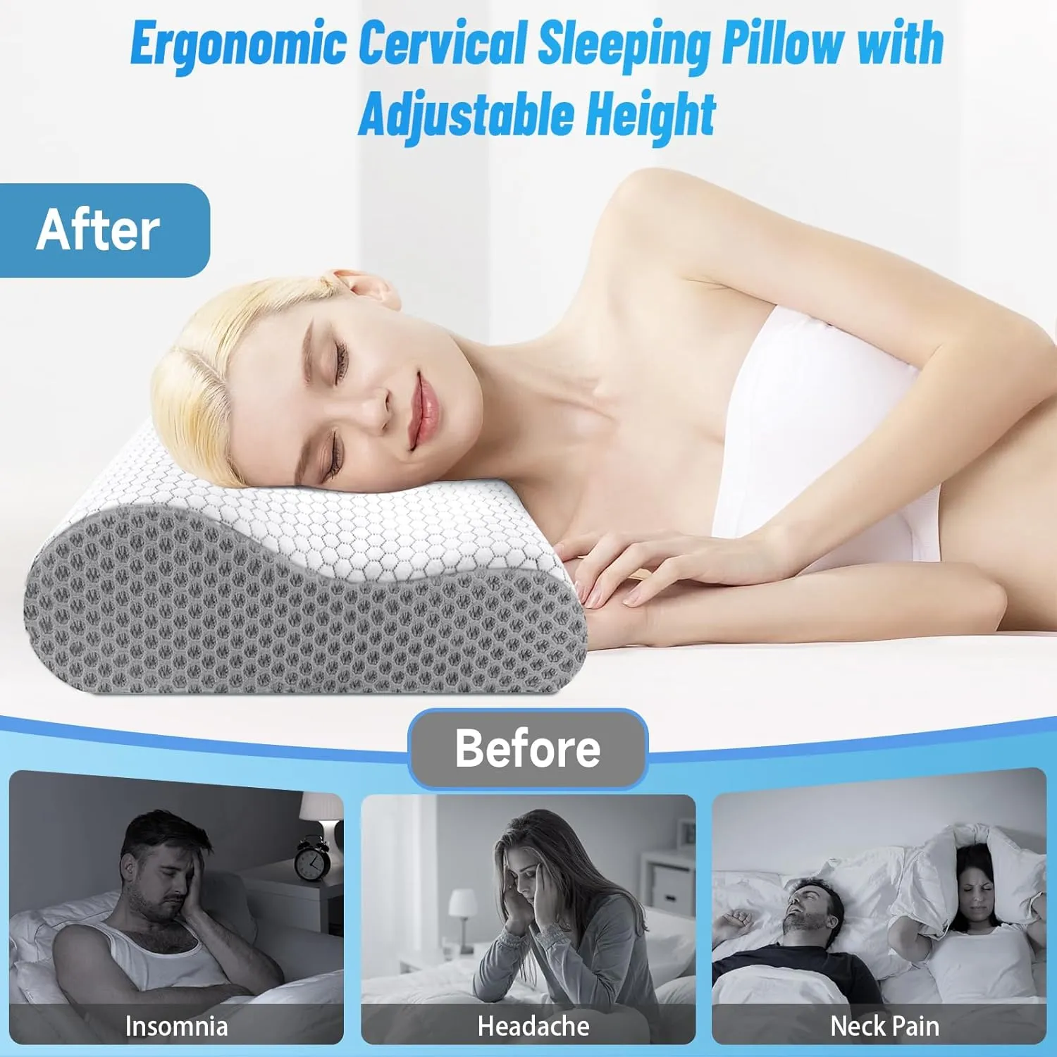 CloudBliss Memory Foam Pillow, Ergonomic Neck Contour Cervical Pillow for Neck and Shoulder Pain, Orthopedic Pillow for Neck Pain Relief, for Sleeping Side, Back, Stomach Sleepers - Grey, King