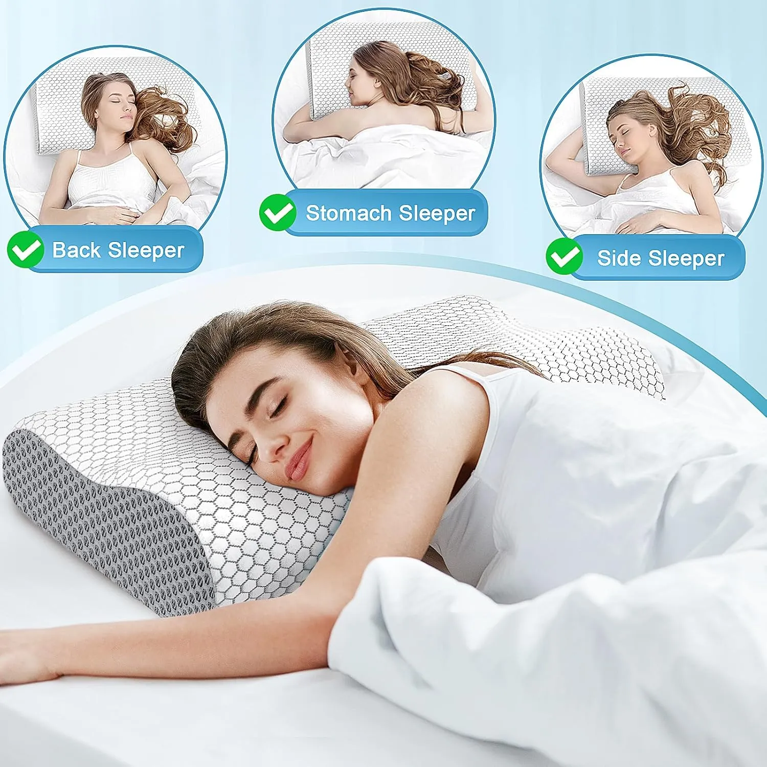 CloudBliss Memory Foam Pillow, Ergonomic Neck Contour Cervical Pillow for Neck and Shoulder Pain, Orthopedic Pillow for Neck Pain Relief, for Sleeping Side, Back, Stomach Sleepers - Grey, King