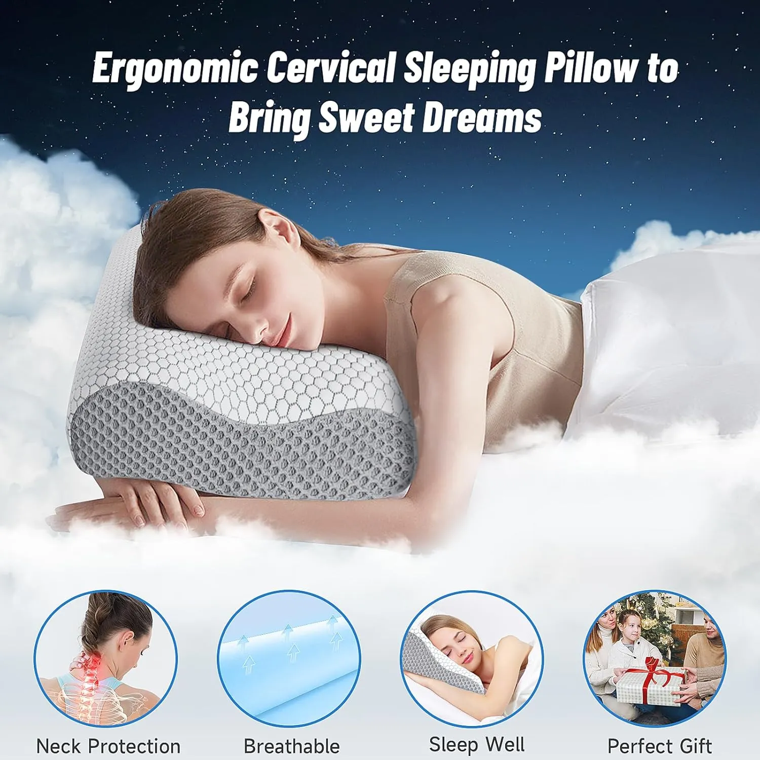 CloudBliss Memory Foam Pillow, Ergonomic Neck Contour Cervical Pillow for Neck and Shoulder Pain, Orthopedic Pillow for Neck Pain Relief, for Sleeping Side, Back, Stomach Sleepers - Grey, King