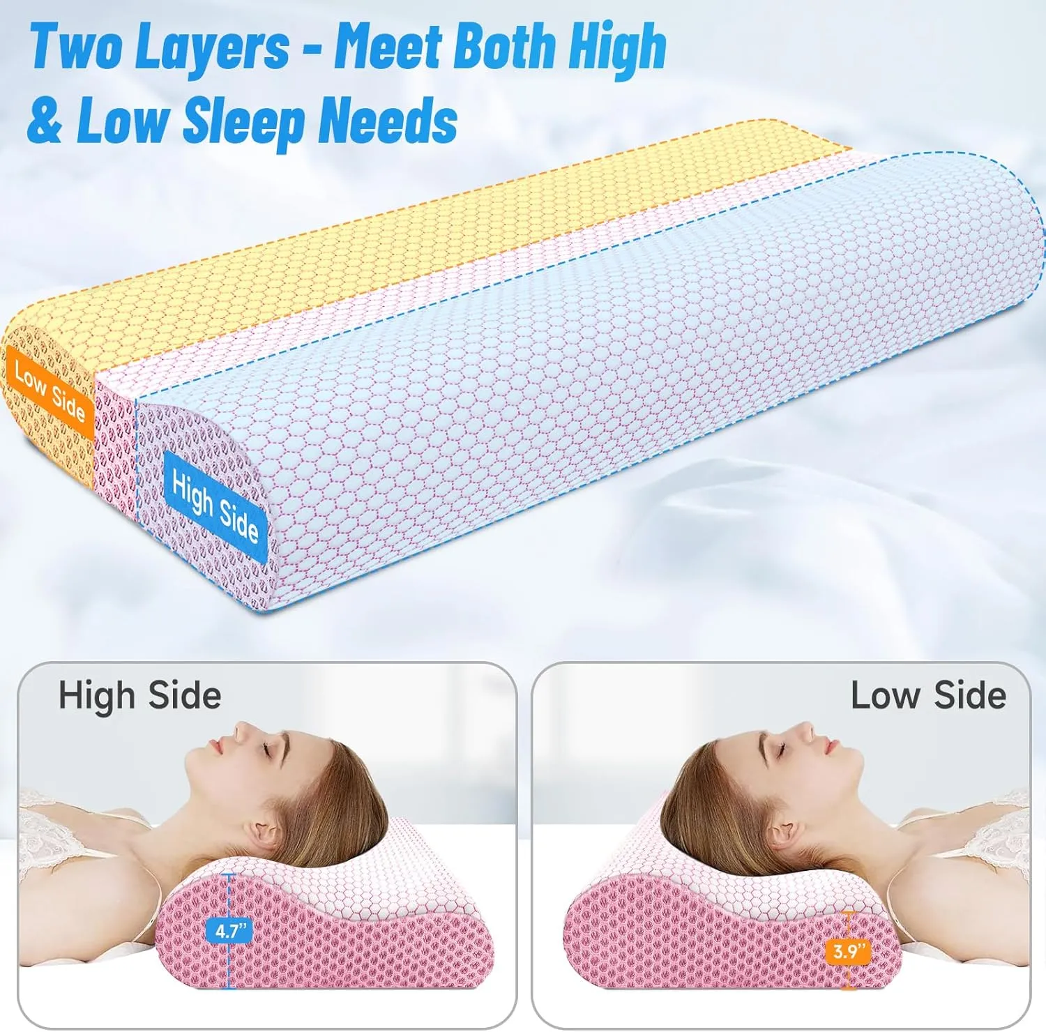 CloudBliss Memory Foam Pillow, Ergonomic Neck Contour Cervical Pillow for Neck and Shoulder Pain, Orthopedic Pillow for Neck Pain Relief, for Sleeping Side, Back, Stomach Sleepers - Pink, King