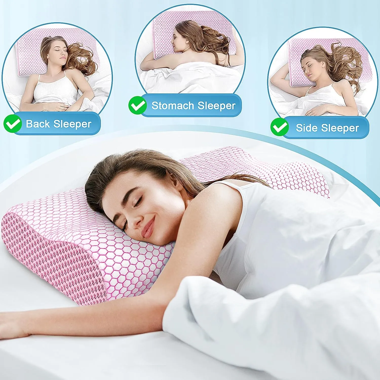 CloudBliss Memory Foam Pillow, Ergonomic Neck Contour Cervical Pillow for Neck and Shoulder Pain, Orthopedic Pillow for Neck Pain Relief, for Sleeping Side, Back, Stomach Sleepers - Pink, King