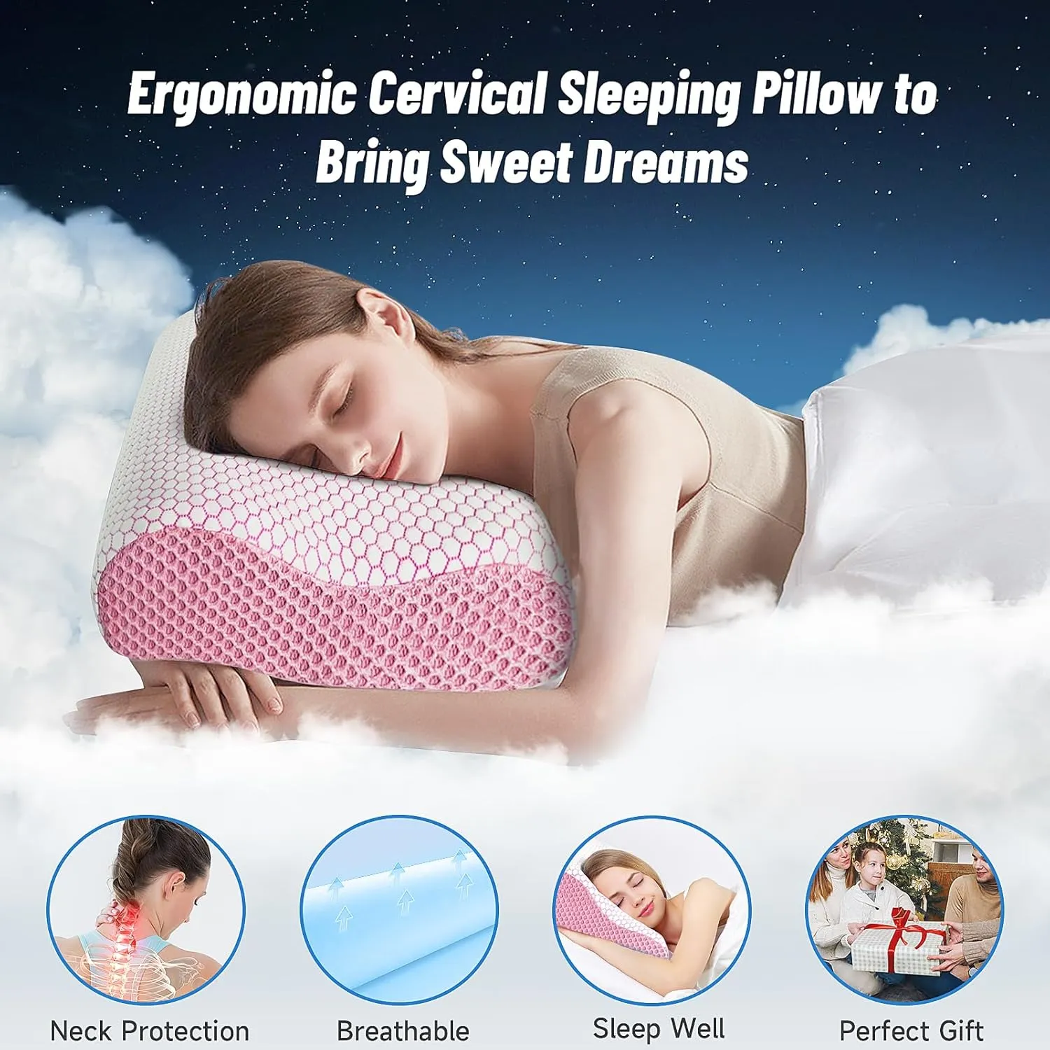 CloudBliss Memory Foam Pillow, Ergonomic Neck Contour Cervical Pillow for Neck and Shoulder Pain, Orthopedic Pillow for Neck Pain Relief, for Sleeping Side, Back, Stomach Sleepers - Pink, King
