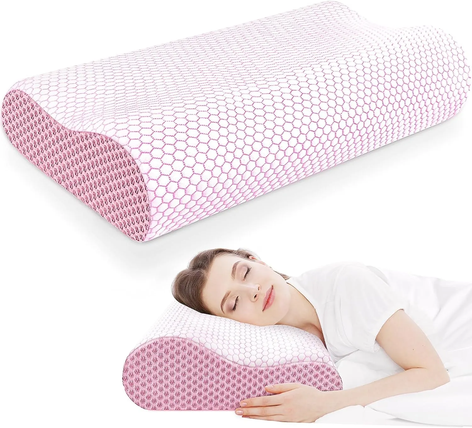 CloudBliss Memory Foam Pillow, Ergonomic Neck Contour Cervical Pillow for Neck and Shoulder Pain, Orthopedic Pillow for Neck Pain Relief, for Sleeping Side, Back, Stomach Sleepers - Pink, Standard