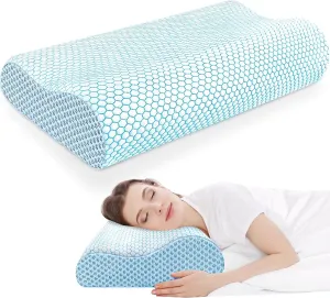 CloudBliss Neck Pillow for Sleeping, Ergonomic Cervical Neck Pillow for Neck Pain Relief, Memory Foam Pillow fit Neck Contour, Bed Pillow for Side Back Stomach Sleepers (Blue, Standard Size)