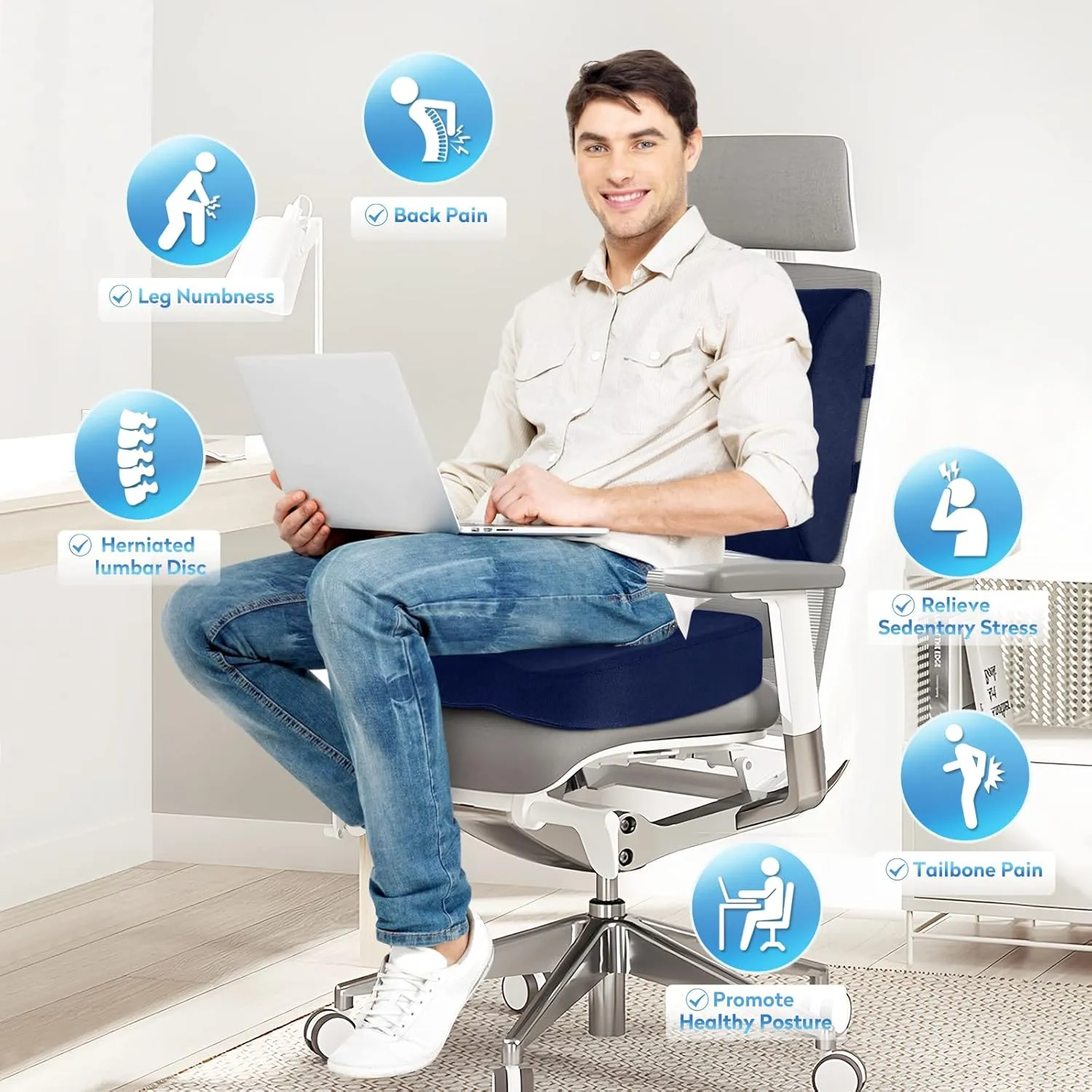 CloudBliss Seat Cushion,Office Chair Cushion,Car Seat Cushion,Lumbar Support Pillow for Office Chair,Back Support Memory Foam Pillow Coccyx Cushion for Tailbone Pain,Sciatica & Back Pain Relief -Blue