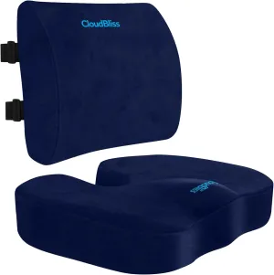 CloudBliss Seat Cushion,Office Chair Cushion,Car Seat Cushion,Lumbar Support Pillow for Office Chair,Back Support Memory Foam Pillow Coccyx Cushion for Tailbone Pain,Sciatica & Back Pain Relief -Blue
