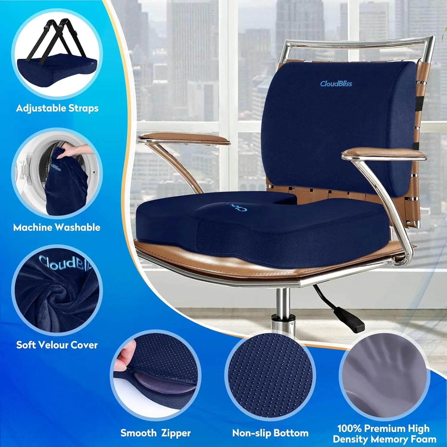 CloudBliss Seat Cushion,Office Chair Cushion,Car Seat Cushion,Lumbar Support Pillow for Office Chair,Back Support Memory Foam Pillow Coccyx Cushion for Tailbone Pain,Sciatica & Back Pain Relief -Blue