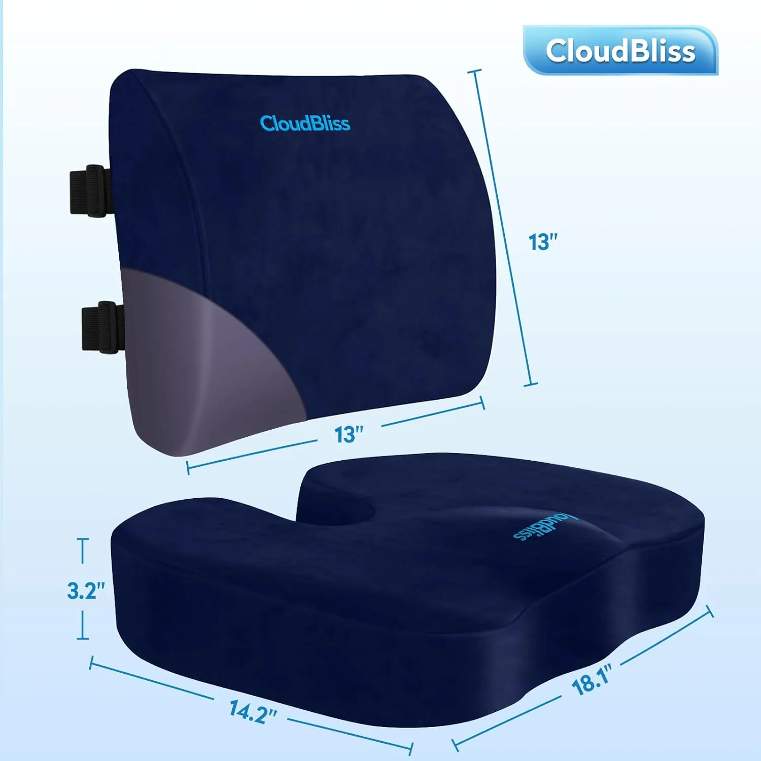 CloudBliss Seat Cushion,Office Chair Cushion,Car Seat Cushion,Lumbar Support Pillow for Office Chair,Back Support Memory Foam Pillow Coccyx Cushion for Tailbone Pain,Sciatica & Back Pain Relief -Blue