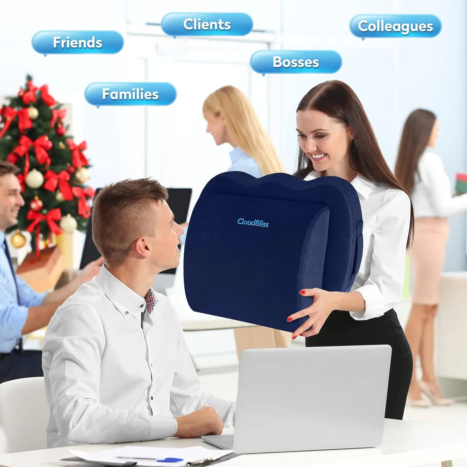 CloudBliss Seat Cushion,Office Chair Cushion,Car Seat Cushion,Lumbar Support Pillow for Office Chair,Back Support Memory Foam Pillow Coccyx Cushion for Tailbone Pain,Sciatica & Back Pain Relief -Blue