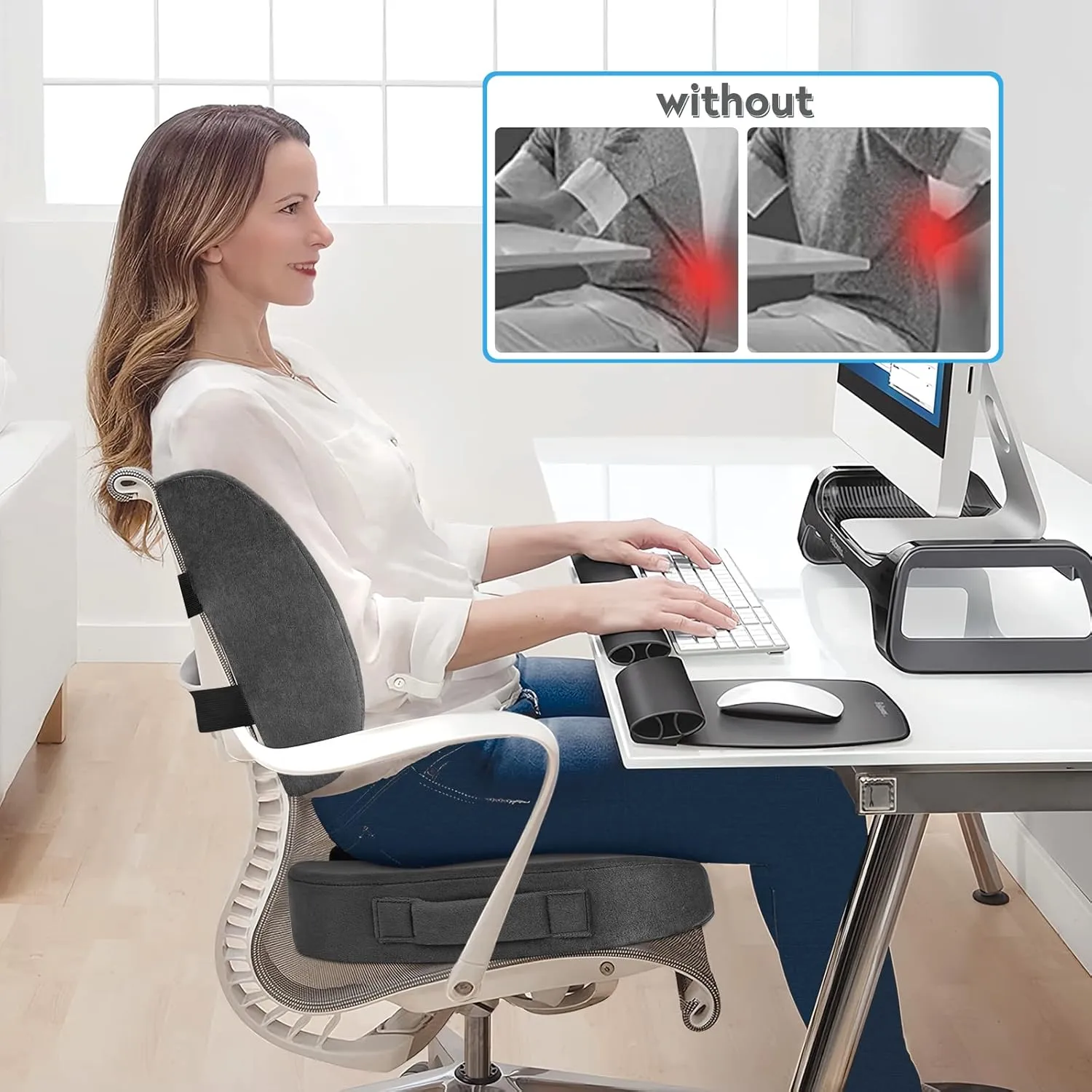 CloudBliss Seat Cushion,Office Chair Cushion,Car Seat Cushion,Lumbar Support Pillow for Office Chair,Back Support Memory Foam Pillow Coccyx Cushion for Tailbone Pain,Sciatica & Back Pain Relief -Grey