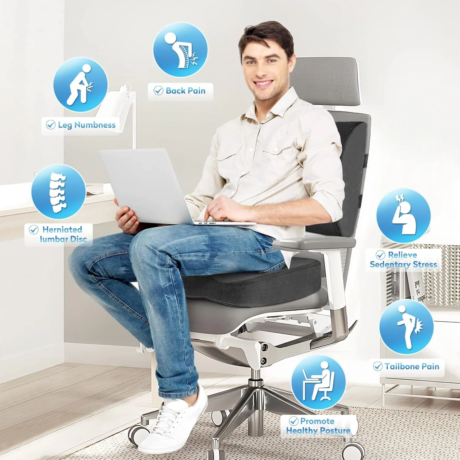 CloudBliss Seat Cushion,Office Chair Cushion,Car Seat Cushion,Lumbar Support Pillow for Office Chair,Back Support Memory Foam Pillow Coccyx Cushion for Tailbone Pain,Sciatica & Back Pain Relief -Grey