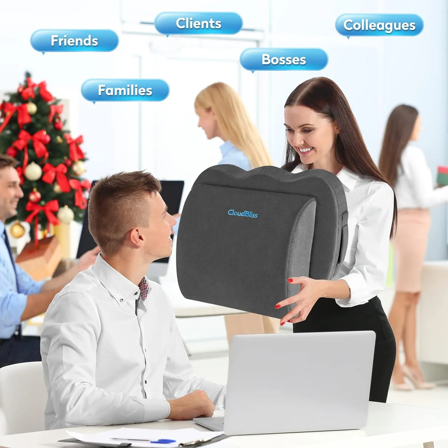 CloudBliss Seat Cushion,Office Chair Cushion,Car Seat Cushion,Lumbar Support Pillow for Office Chair,Back Support Memory Foam Pillow Coccyx Cushion for Tailbone Pain,Sciatica & Back Pain Relief -Grey