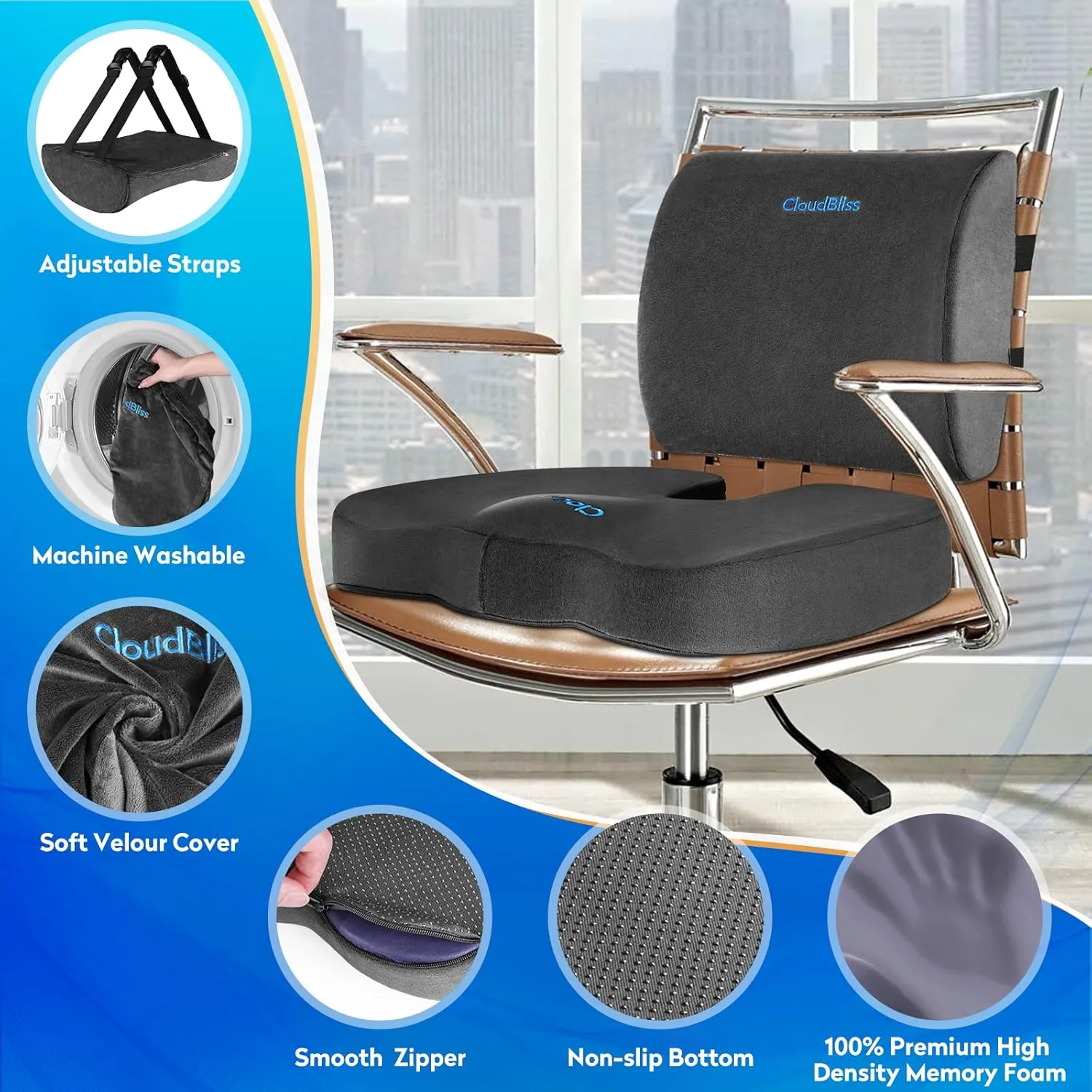 CloudBliss Seat Cushion,Office Chair Cushion,Car Seat Cushion,Lumbar Support Pillow for Office Chair,Back Support Memory Foam Pillow Coccyx Cushion for Tailbone Pain,Sciatica & Back Pain Relief -Grey