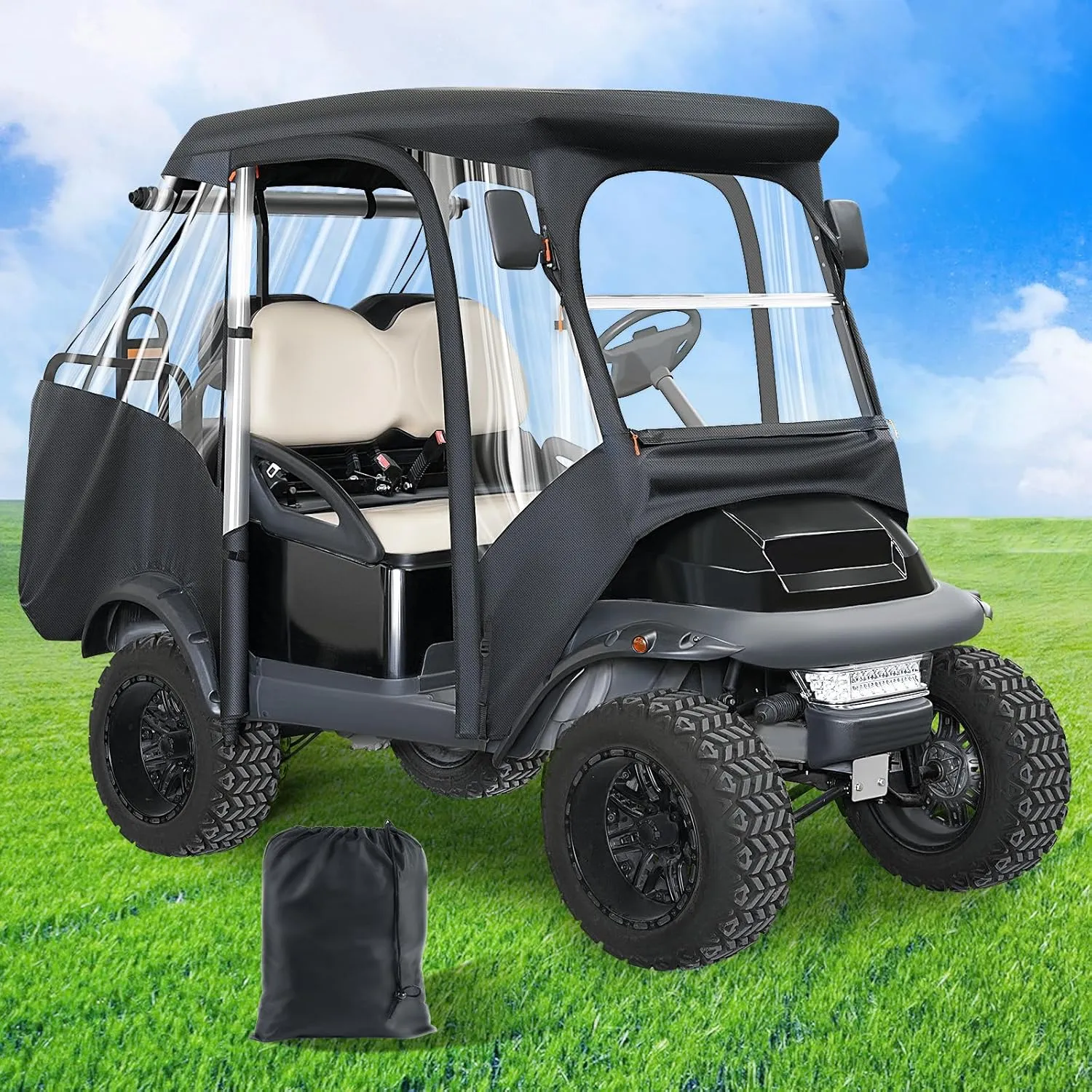 Club Car Precedent Enclosure 600D, Multifunctional Polyester Golf Cover-Waterproof Dustproof, with Openable Front Windshield & Zipper Door, 4 Side Clear Window for 4 Seat Precedent Golf Cart