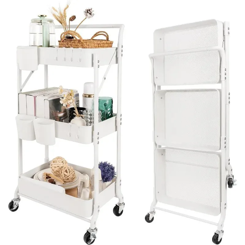 Collapsible Caddy 3-Tier Folding Rolling Cart with Hanging Cups