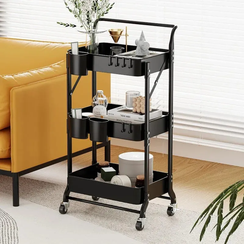 Collapsible Caddy 3-Tier Folding Rolling Cart with Hanging Cups