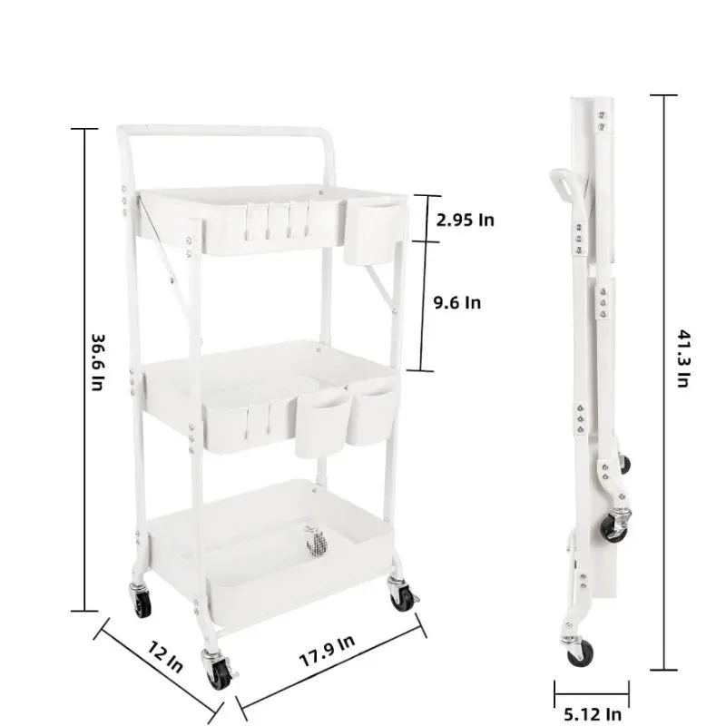 Collapsible Caddy 3-Tier Folding Rolling Cart with Hanging Cups