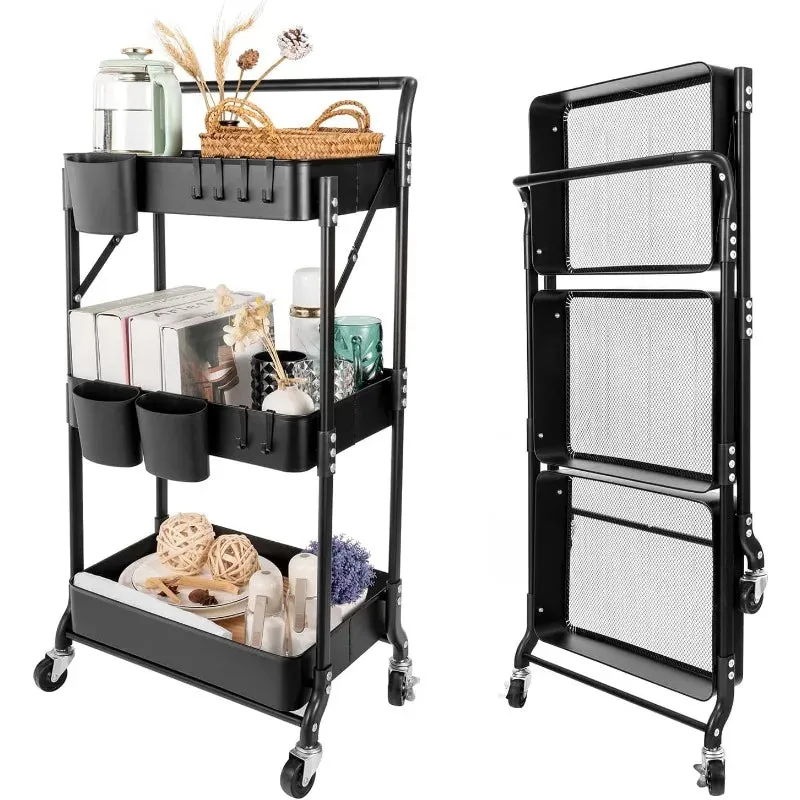 Collapsible Caddy 3-Tier Folding Rolling Cart with Hanging Cups