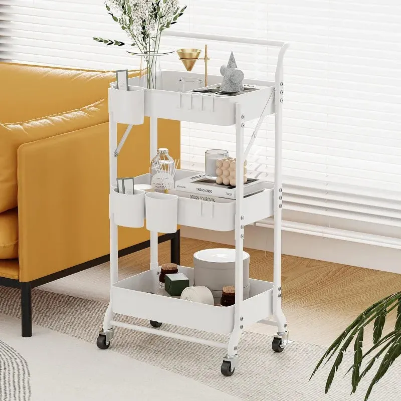 Collapsible Caddy 3-Tier Folding Rolling Cart with Hanging Cups