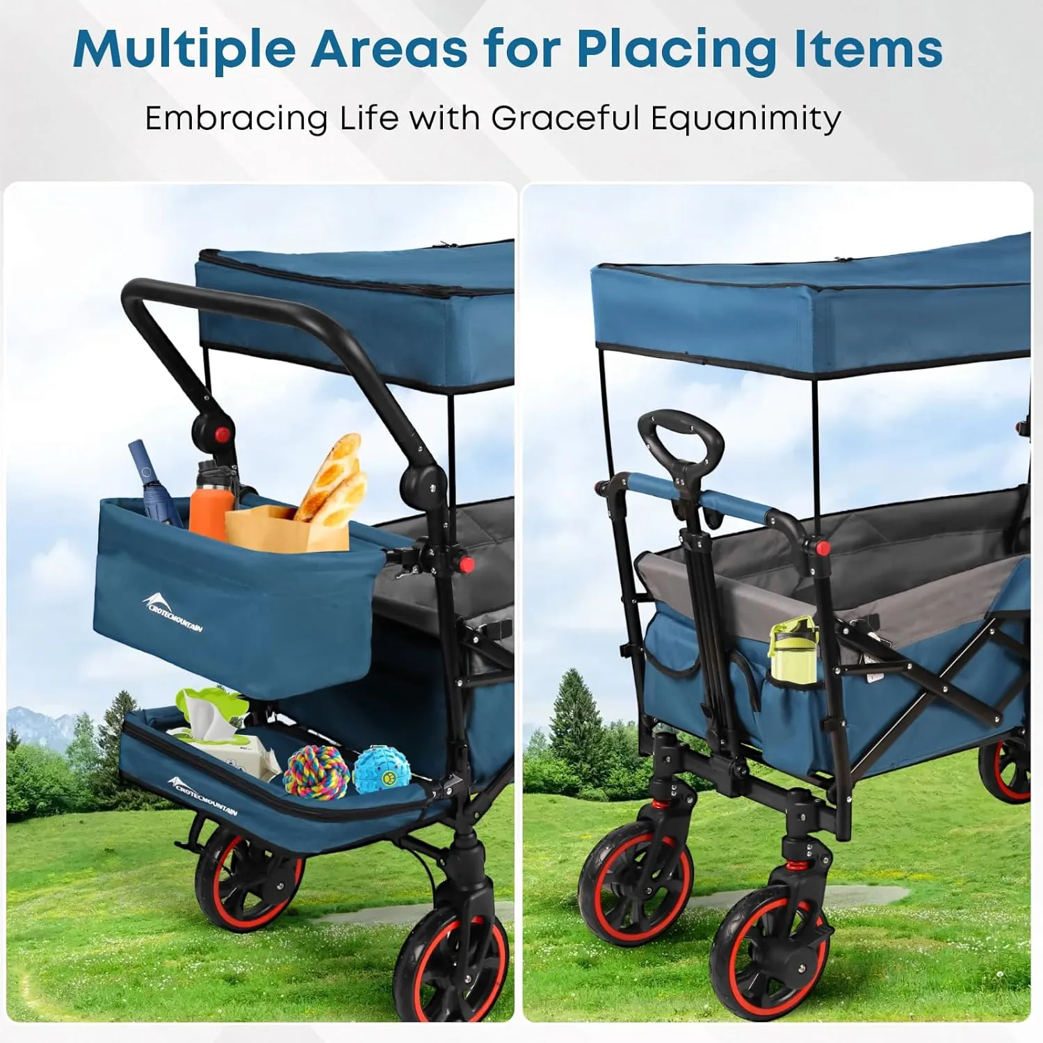 Collapsible Canopy Wagon,Large Capacity Trolley, Foldable Portable cart with Canopy, Adjustable Push/Pull Handle, Shock-Absorbing Wheels, Suitable for Shopping,Traveling-G